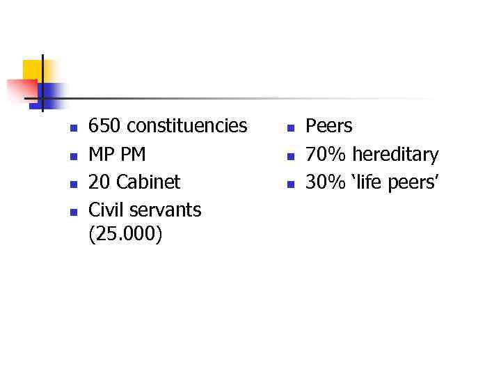 n n 650 constituencies MP PM 20 Cabinet Civil servants (25. 000) n n