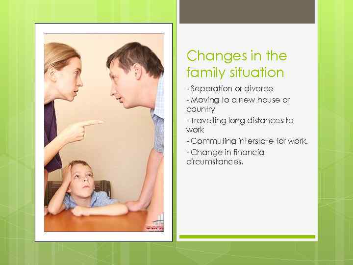 Changes in the family situation - Separation or divorce - Moving to a new