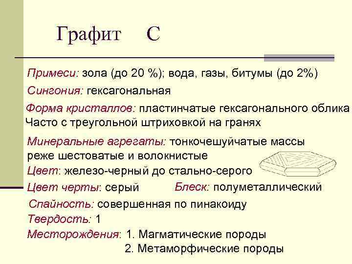 Графит С Примеси: зола (до 20 %); вода, газы, битумы (до 2%) Сингония: гексагональная