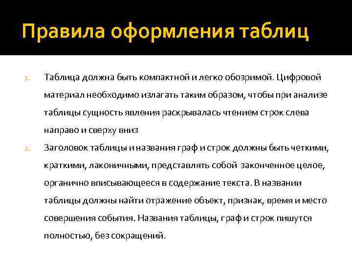 Правила оформления таблиц 1. Таблица должна быть компактной и легко обозримой. Цифровой материал необходимо