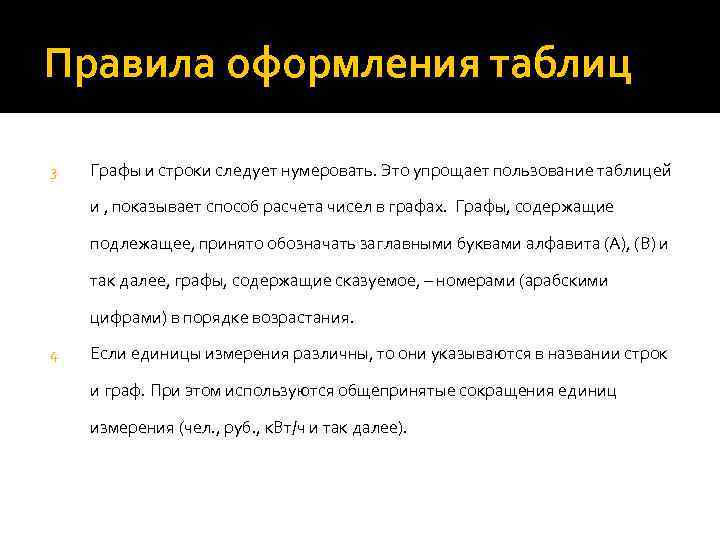 Правила оформления таблиц 3. Графы и строки следует нумеровать. Это упрощает пользование таблицей и