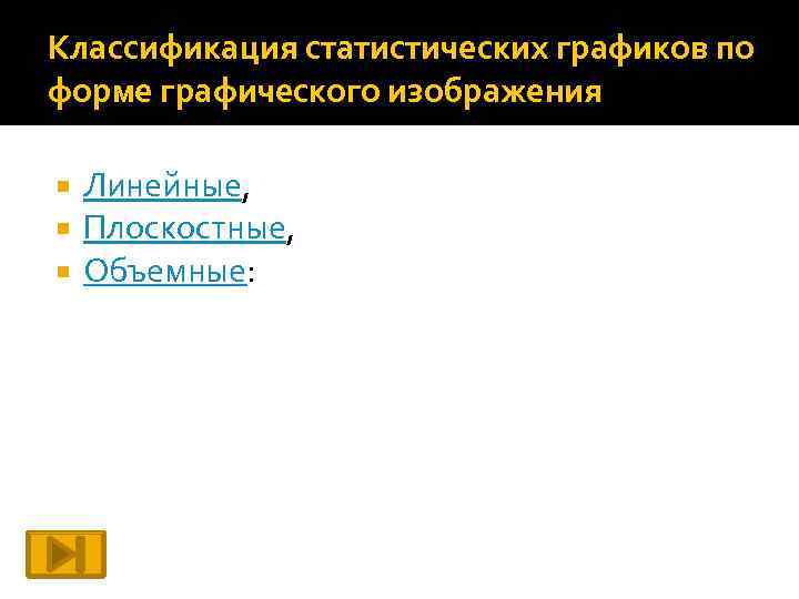 Классификация статистических графиков по форме графического изображения Линейные, Плоскостные, Объемные: 