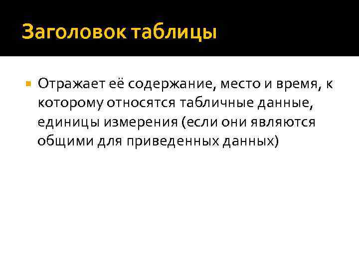 Заголовок таблицы Отражает её содержание, место и время, к которому относятся табличные данные, единицы