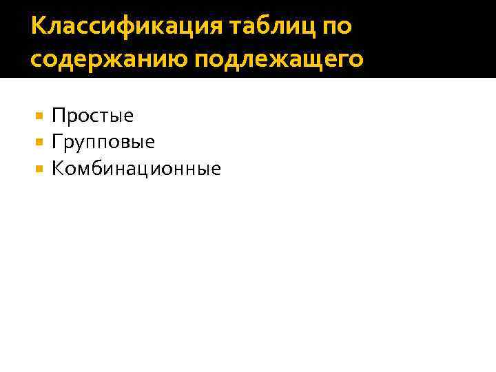 Классификация таблиц по содержанию подлежащего Простые Групповые Комбинационные 