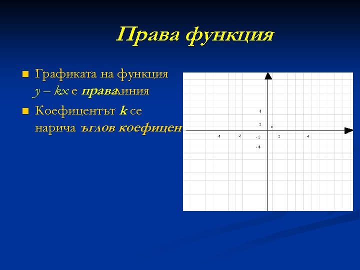 Права функция n n Графиката на функция y – kx е права линия Коефицентът