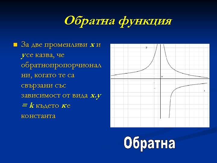 Обратна функция n За две променливи x и y се казва, че обратнопропорчионал ни,