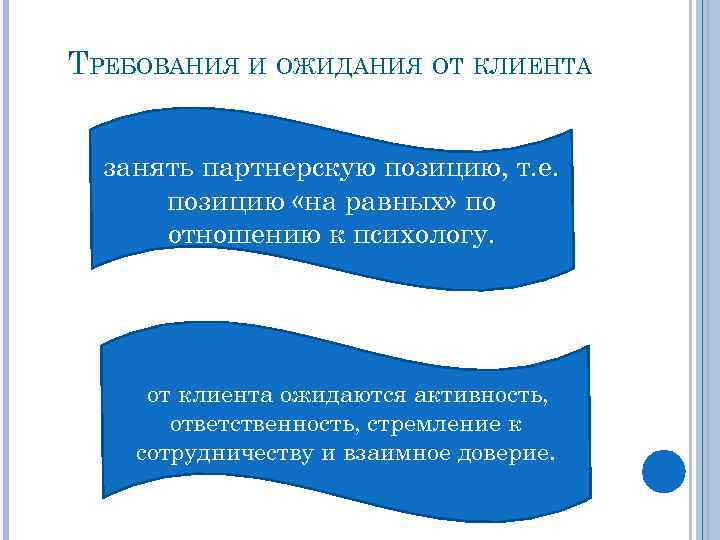 ТРЕБОВАНИЯ И ОЖИДАНИЯ ОТ КЛИЕНТА занять партнерскую позицию, т. е. позицию «на равных» по
