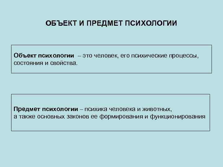 ОБЪЕКТ И ПРЕДМЕТ ПСИХОЛОГИИ Объект психологии – это человек, его психические процессы, состояния и