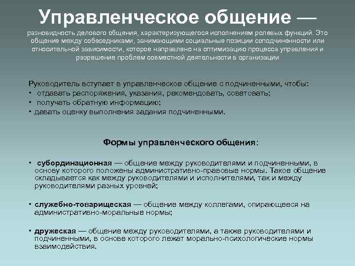 Управленческое общение — разновидность делового общения, характеризующегося исполнением ролевых функций. Это общение между собеседниками,