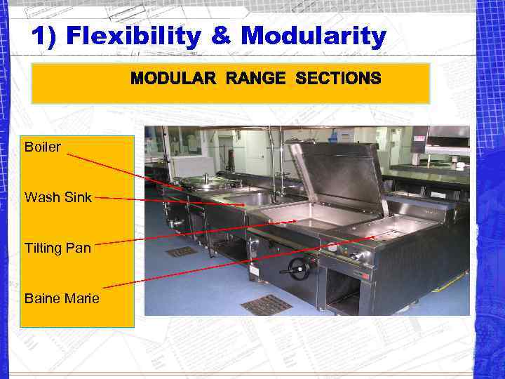 1) Flexibility & Modularity Boiler Wash Sink Tilting Pan Baine Marie 