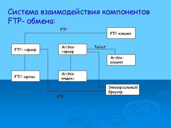 Система взаимодействия компонентов FTP- обмена: FTP- сервер Archieсервер FTP-клиент Telnet Archieклиент FTP- архив Archieиндекс