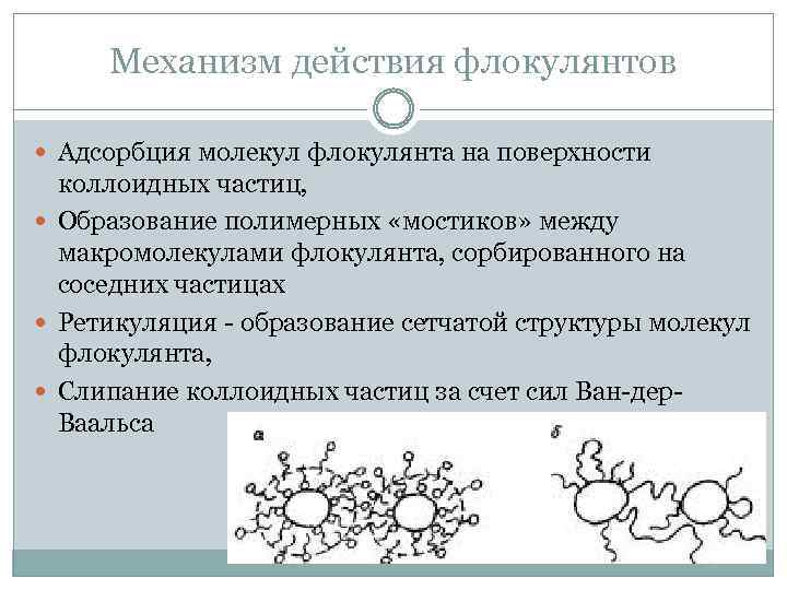 Механизм действия флокулянтов Адсорбция молекул флокулянта на поверхности коллоидных частиц, Образование полимерных «мостиков» между