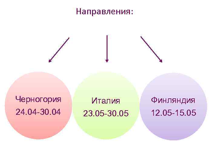 Направления: Черногория 24. 04 -30. 04 Италия 23. 05 -30. 05 Финляндия 12. 05