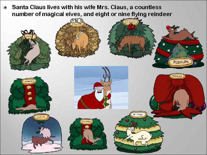  Santa Claus lives with his wife Mrs. Claus, a countless number of magical