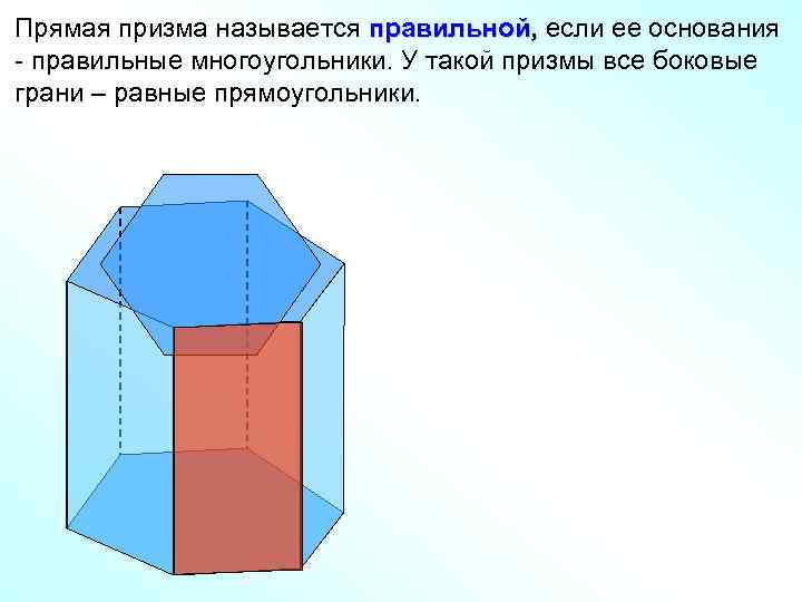 Прямая призма называется правильной, если ее основания - правильные многоугольники. У такой призмы все