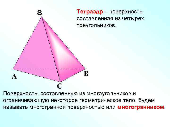 Тетраэдр – поверхность, составленная из четырех треугольников. S S В А С Поверхность, составленную