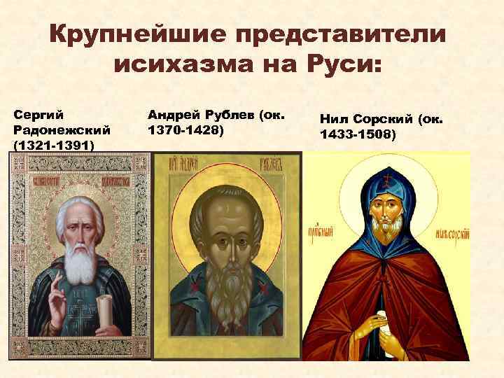 Крупнейшие представители исихазма на Руси: Сергий Радонежский (1321 -1391) Андрей Рублев (ок. 1370 -1428)