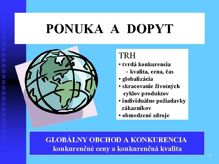 PONUKA A DOPYT TRH • tvrdá konkurencia - kvalita, cena, čas • globalizácia •