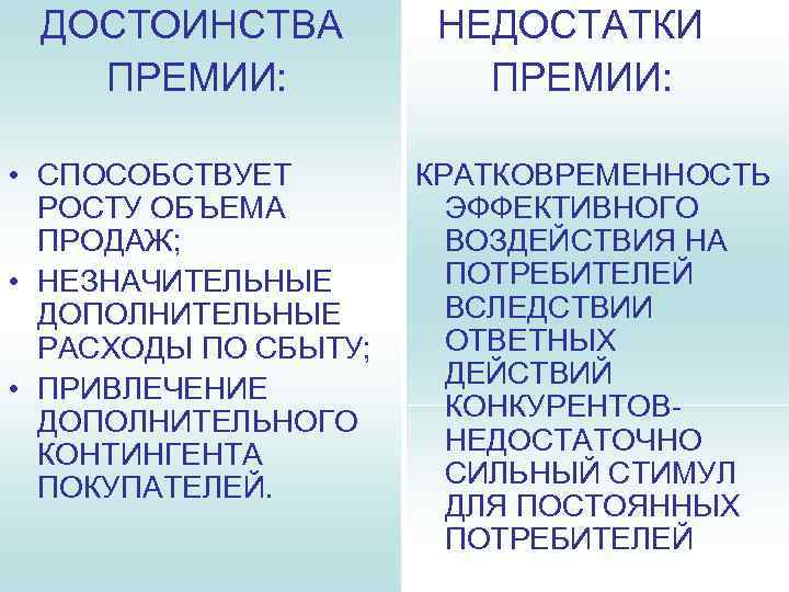  ДОСТОИНСТВА ПРЕМИИ: НЕДОСТАТКИ ПРЕМИИ: • СПОСОБСТВУЕТ РОСТУ ОБЪЕМА ПРОДАЖ; • НЕЗНАЧИТЕЛЬНЫЕ ДОПОЛНИТЕЛЬНЫЕ РАСХОДЫ