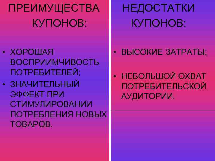  ПРЕИМУЩЕСТВА НЕДОСТАТКИ КУПОНОВ: • ХОРОШАЯ • ВЫСОКИЕ ЗАТРАТЫ; ВОСПРИИМЧИВОСТЬ ПОТРЕБИТЕЛЕЙ; • НЕБОЛЬШОЙ ОХВАТ