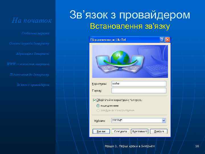 На початок Зв’язок з провайдером Встановлення зв’язку Глобальна мережа Основні служби Інтернету Адресація в