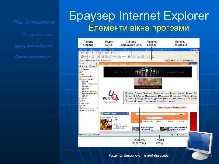 На початок Популярні браузери Браузер Internet Explorer Елементи вікна програми Браузер Internet Explorer Практична
