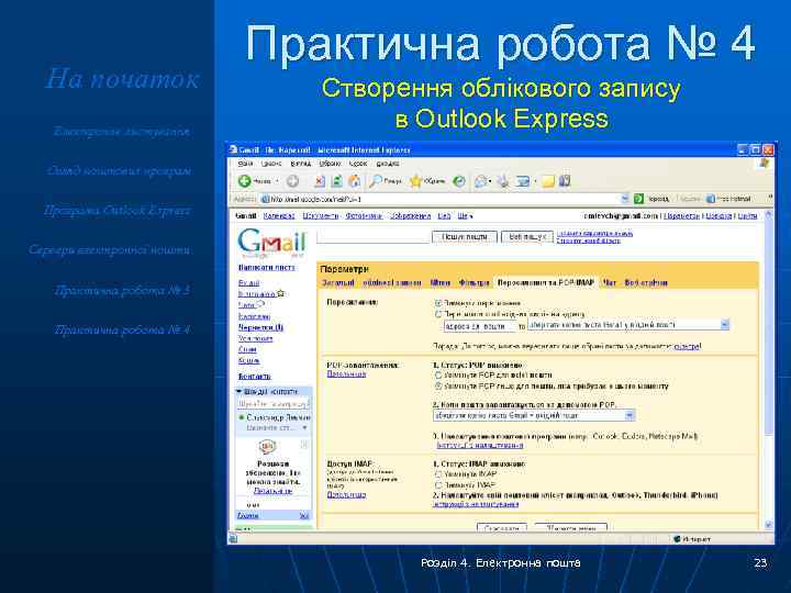 На початок Електронне листування Практична робота № 4 Створення облікового запису в Outlook Express