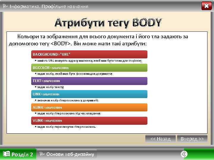  Інформатика. Профільне навчання Атрибути тегу BODY Кольори та зображення для всього документа і