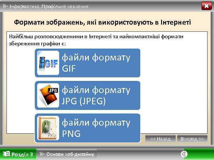  Інформатика. Профільне навчання Формати зображень, які використовують в Інтернеті Найбільш розповсюдженими в Інтернеті