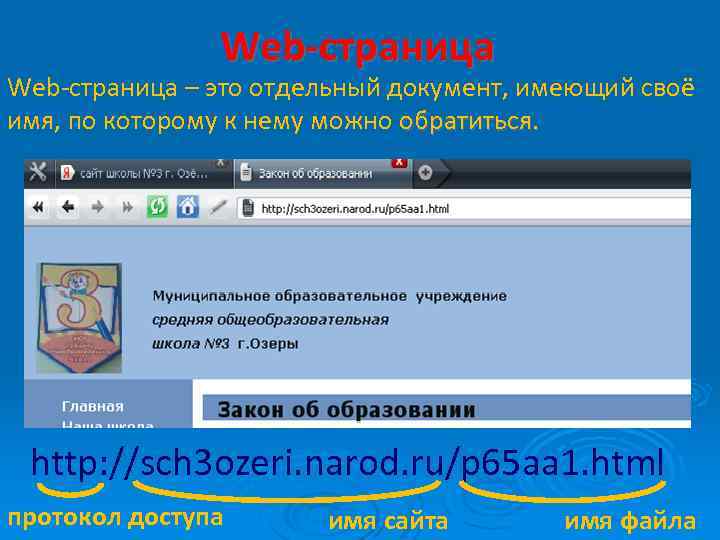 Web-страница – это отдельный документ, имеющий своё имя, по которому к нему можно обратиться.