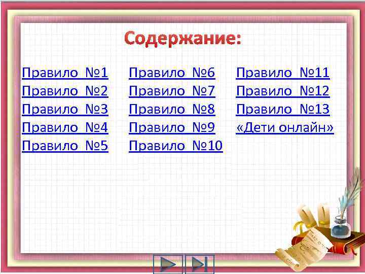 Содержание: Правило № 1 Правило № 2 Правило № 3 Правило № 4 Правило