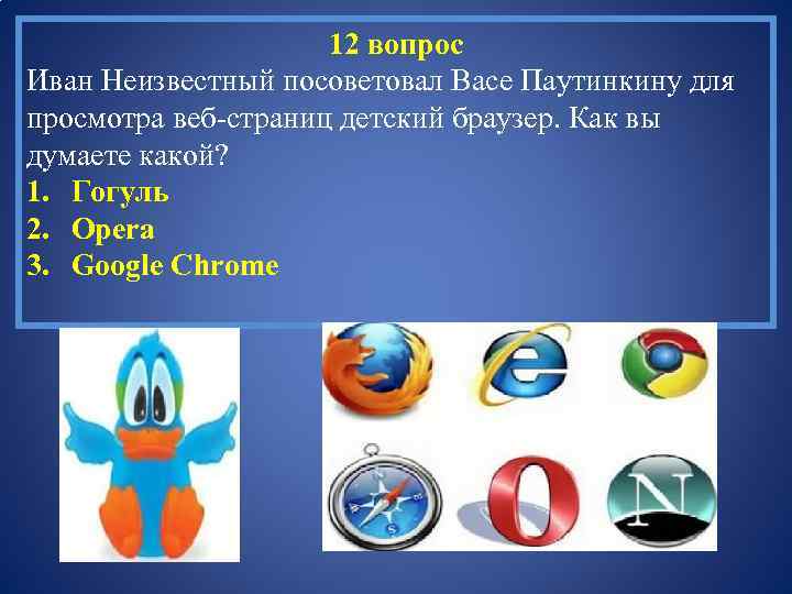 12 вопрос Иван Неизвестный посоветовал Васе Паутинкину для просмотра веб-страниц детский браузер. Как вы