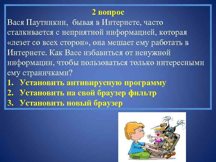 2 вопрос Вася Паутинкин, бывая в Интернете, часто сталкивается с неприятной информацией, которая «лезет