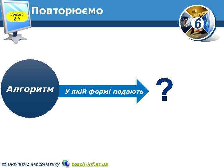 Розділ 1 § 3 Повторюємо Алгоритм © Вивчаємо інформатику У якій формі подають teach-inf.