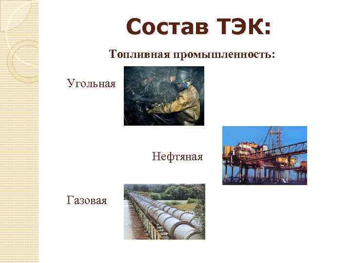 Состав ТЭК: Топливная промышленность: Угольная Нефтяная Газовая 