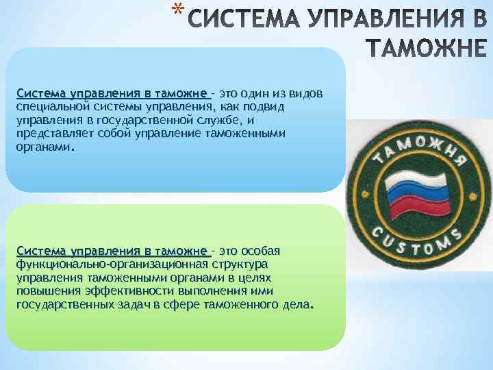 * Система управления в таможне – это один из видов специальной системы управления, как