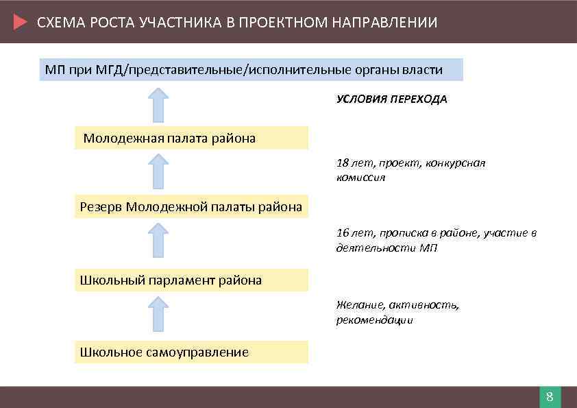 СХЕМА РОСТА УЧАСТНИКА В ПРОЕКТНОМ НАПРАВЛЕНИИ МП при МГД/представительные/исполнительные органы власти УСЛОВИЯ ПЕРЕХОДА Молодежная