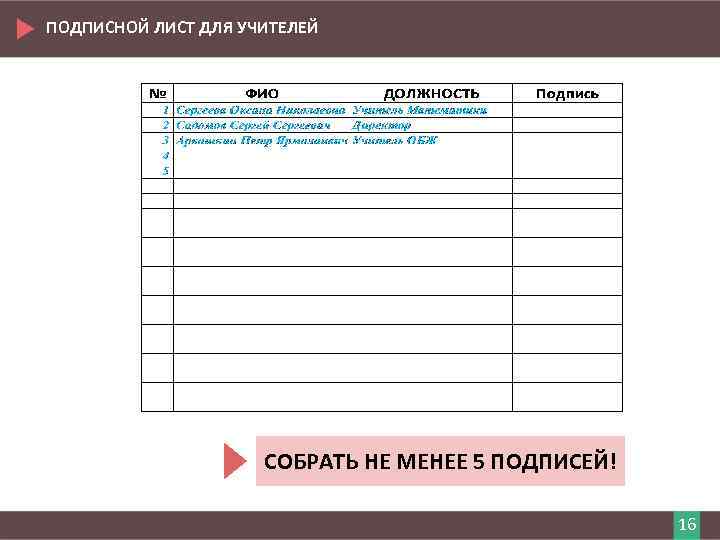 ПОДПИСНОЙ ЛИСТ ДЛЯ УЧИТЕЛЕЙ СОБРАТЬ НЕ МЕНЕЕ 5 ПОДПИСЕЙ! 16 