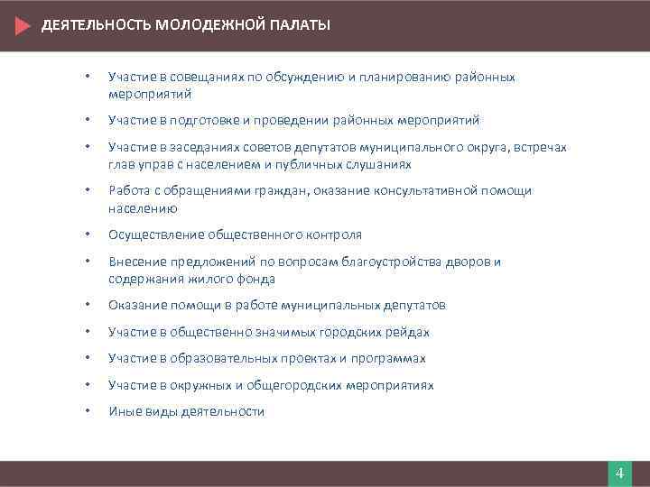 ДЕЯТЕЛЬНОСТЬ МОЛОДЕЖНОЙ ПАЛАТЫ • Участие в совещаниях по обсуждению и планированию районных мероприятий •