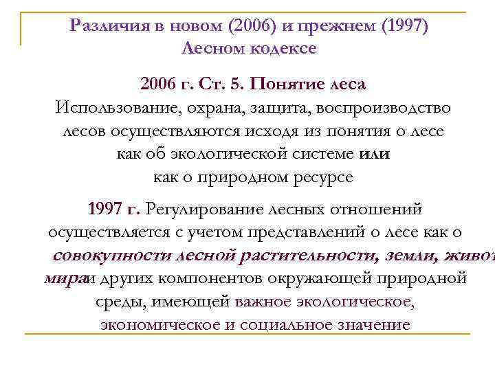 Различия в новом (2006) и прежнем (1997) Лесном кодексе 2006 г. Ст. 5. Понятие