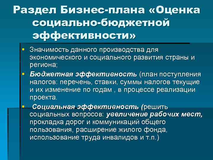 Раздел Бизнес-плана «Оценка социально-бюджетной эффективности» § Значимость данного производства для экономического и социального развития