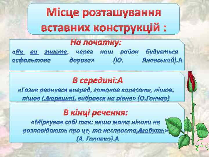 Місце розташування вставних конструкцій : На початку: В середині: В кінці речення: 