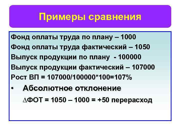 Примеры сравнения Фонд оплаты труда по плану – 1000 Фонд оплаты труда фактический –