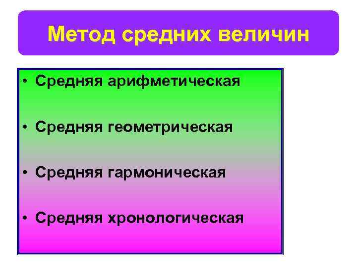 Метод средних величин • Средняя арифметическая • Средняя геометрическая • Средняя гармоническая • Средняя