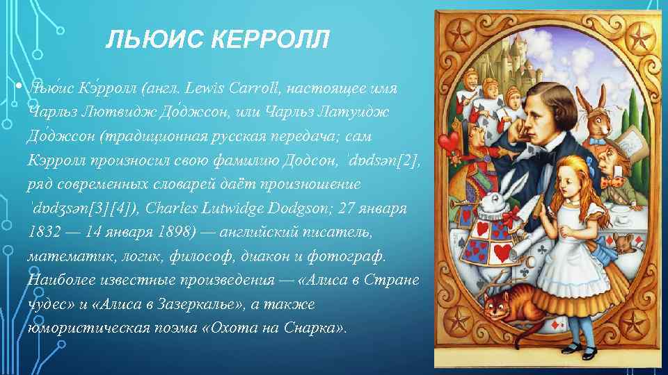 ЛЬЮИС КЕРРОЛЛ • Лью ис Кэ рролл (англ. Lewis Carroll, настоящее имя Чарльз Лютвидж