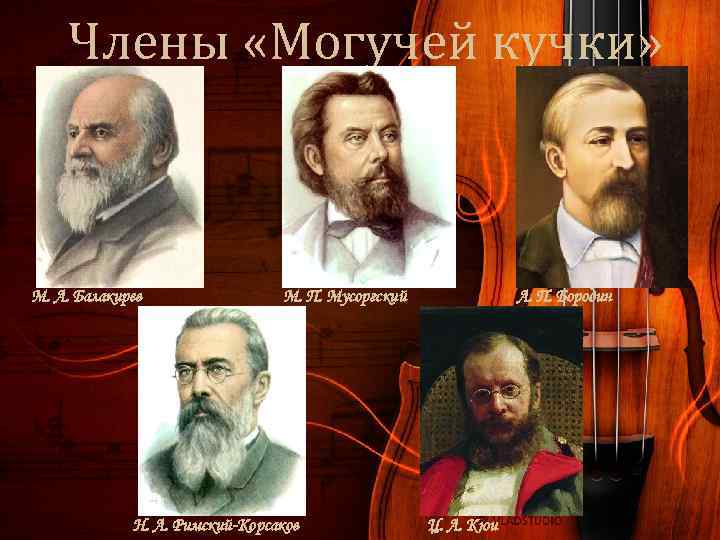 Члены «Могучей кучки» М. А. Балакирев М. П. Мусоргский Н. А. Римский-Корсаков А. П.