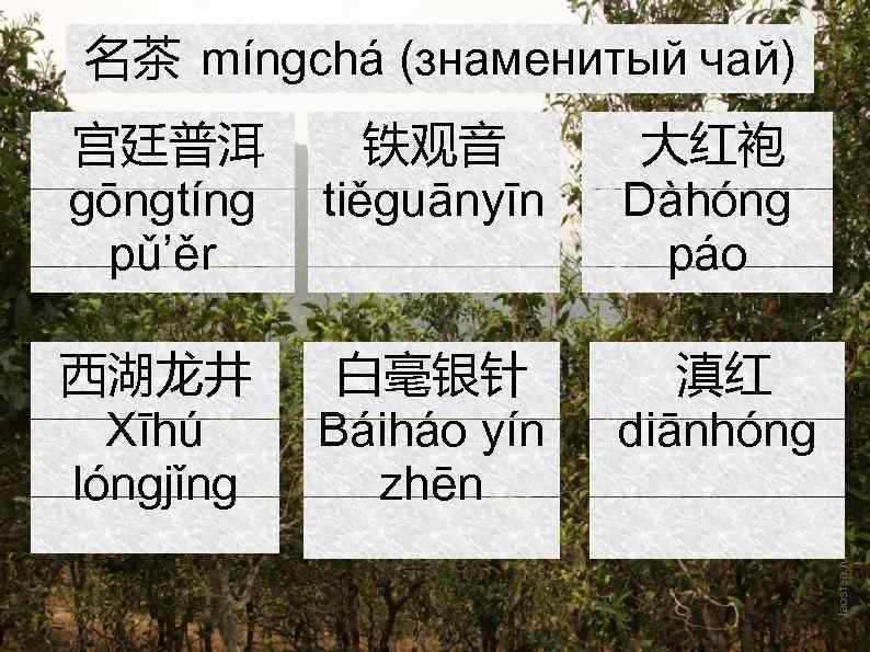 名茶 míngchá (знаменитый чай) 宫廷普洱 gōngtíng pǔ’ěr 铁观音 tiěguānyīn 大红袍 Dàhóng páo 西湖龙井 Xīhú