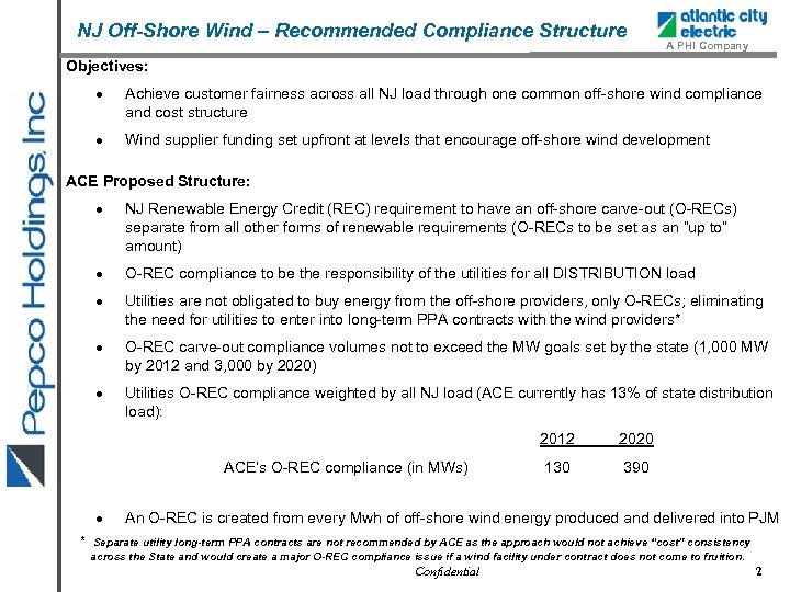 NJ Off-Shore Wind – Recommended Compliance Structure A PHI Company Objectives: Achieve customer fairness
