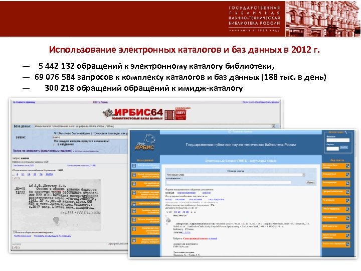 Использование электронных каталогов и баз данных в 2012 г. ― 5 442 132 обращений