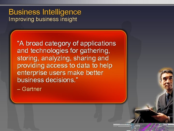 Business Intelligence Improving business insight “A broad category of applications and technologies for gathering,